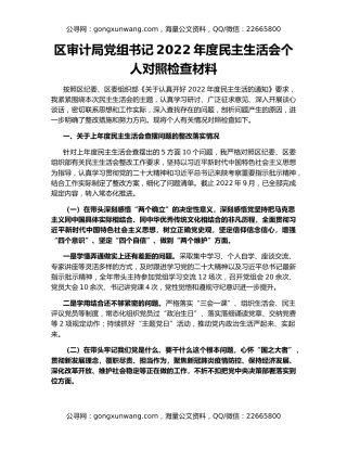 区审计局党组书记2022年度民主生活会个人对照检查材料