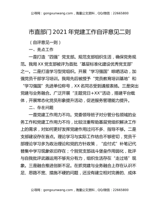 市直部门2021年党建工作自评意见二则