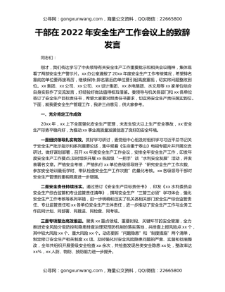干部在2022年安全生产工作会议上的致辞发言