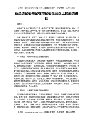 新当选纪委书记在市纪委全会议上的表态讲话