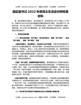 园区副书记2022年度民主生活会对照检查材料