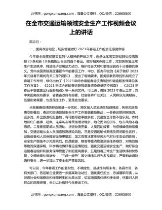 在全市交通运输领域安全生产工作视频会议上的讲话