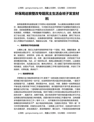 环保局巡察整改专题民主生活会班子发言材料