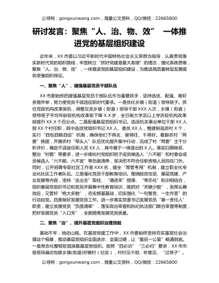 研讨发言：聚焦“人、治、物、效”  一体推进党的基层组织建设