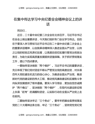 在集中传达学习中央纪委全会精神会议上的讲话