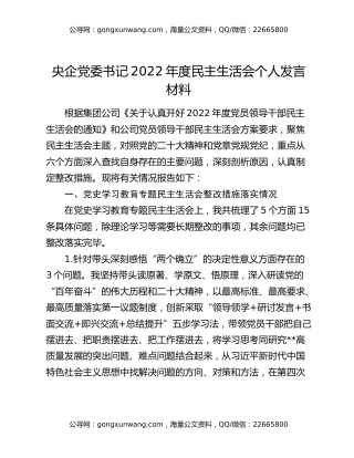 央企党委书记2022年度民主生活会个人发言材料