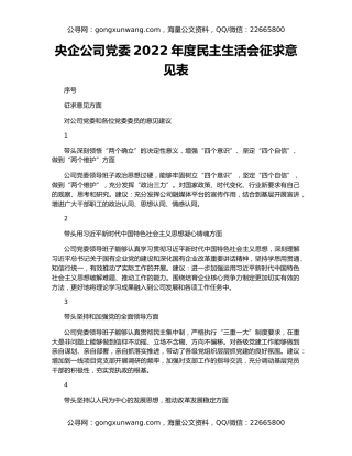 央企公司党委2022年度民主生活会征求意见表