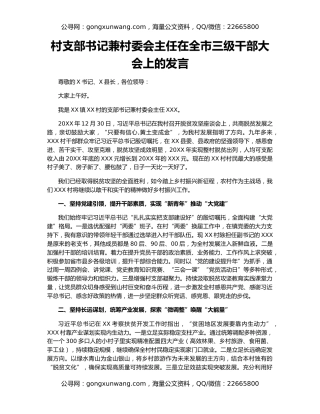 村支部书记兼村委会主任在全市三级干部大会上的发言