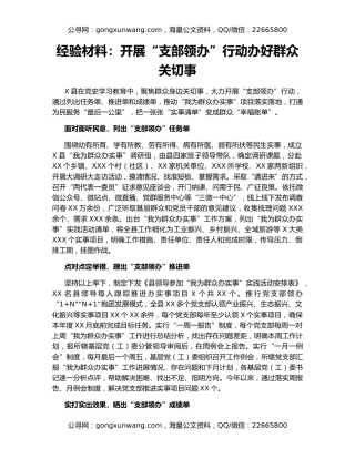 经验材料：开展“支部领办”行动办好群众关切事