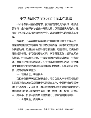 小学项目化学习2022年度工作总结
