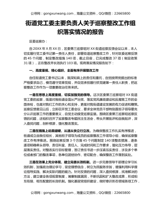 街道党工委主要负责人关于巡察整改工作组织落实情况的报告