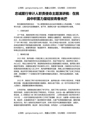 忠诚履行审计人职责使命主题演讲稿：在挑战中积蓄力量绽放青春光芒
