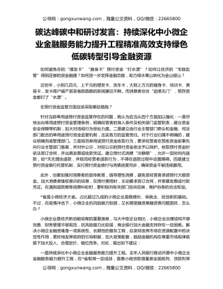 碳达峰碳中和研讨发言：持续深化中小微企业金融服务能力提升工程精准高效支持绿色低碳转型引导金融资源