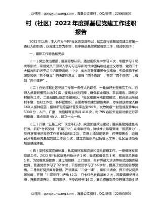 村（社区）2022年度抓基层党建工作述职报告
