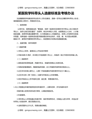 某医院学科带头人选拔标准及考核办法