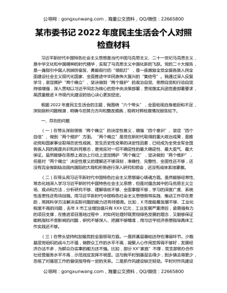某市委书记2022年度民主生活会个人对照检查材料