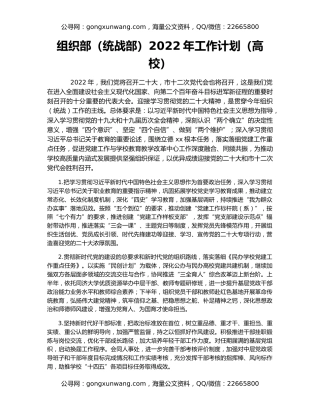 组织部（统战部）2022年工作计划（高校）