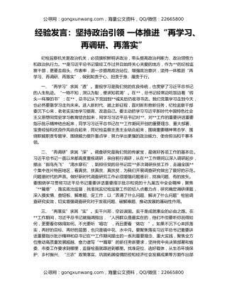 经验发言：坚持政治引领 一体推进“再学习、再调研、再落实”