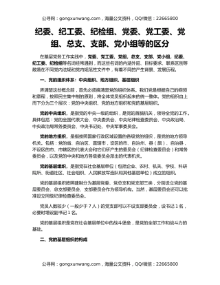 纪委、纪工委、纪检组、党委、党工委、党组、总支、支部、党小组等的区分