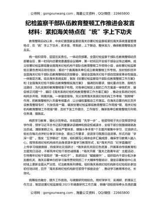 纪检监察干部队伍教育整顿工作推进会发言材料：紧扣海关特点在“统”字上下功夫