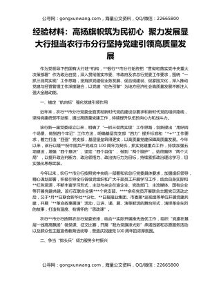 经验材料：高扬旗帜筑为民初心  聚力发展显大行担当农行市分行坚持党建引领高质量发展