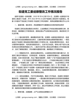 街道党工委巡察整改工作情况报告