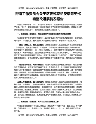 街道工作委员会关于区委巡察组反馈意见巡察整改进展情况报告