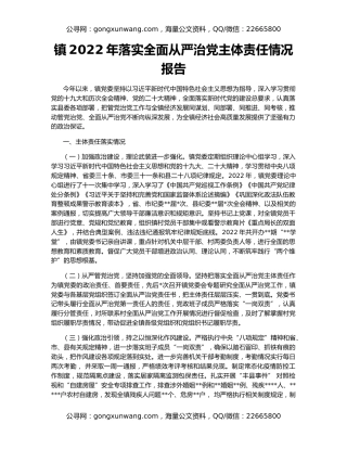 镇2022年落实全面从严治党主体责任情况报告