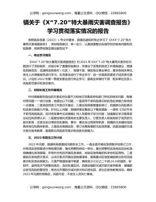 镇关于《X“7.20”特大暴雨灾害调查报告》学习贯彻落实情况的报告
