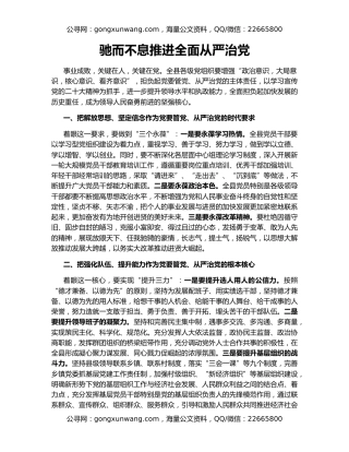 驰而不息推进全面从严治党