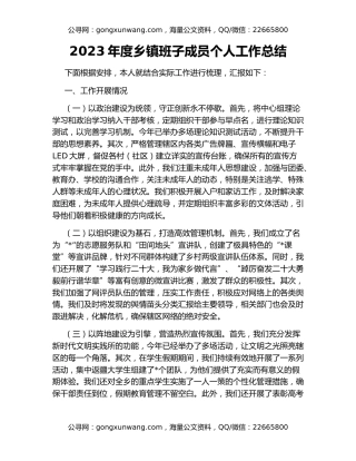 2023年度乡镇班子成员个人工作总结