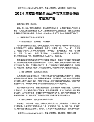2024 年支部书记全面从严治党主体责任落实情况汇报