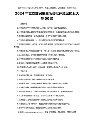 2024年党支部民主生活会批评意见的五大类50条