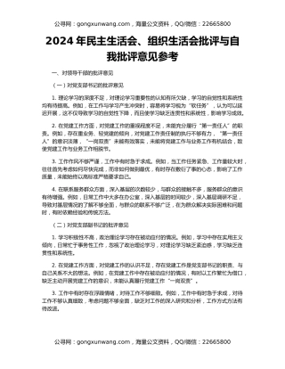 2024年民主生活会、组织生活会批评与自我批评意见参考