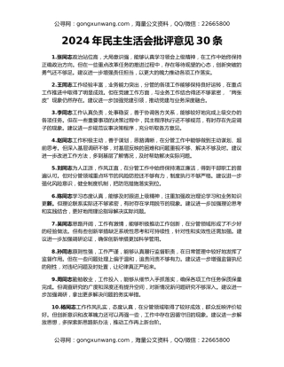 2024年民主生活会批评意见30条
