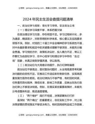 2024年民主生活会查摆问题清单