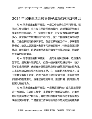 2024年民主生活会领导班子成员互相批评意见