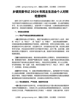 乡镇党委书记2024年民主生活会个人对照检查材料
