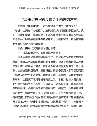 党委书记在巡视反馈会上的表态发言