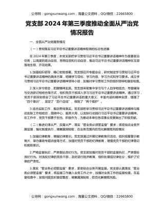 党支部2024年第三季度推动全面从严治党情况报告