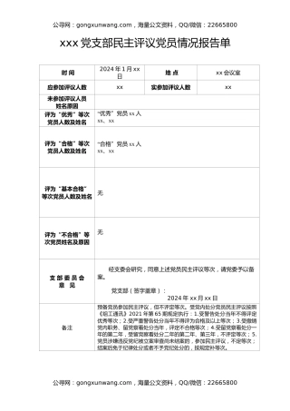 党支部民主评议党员情况报告单（表格）