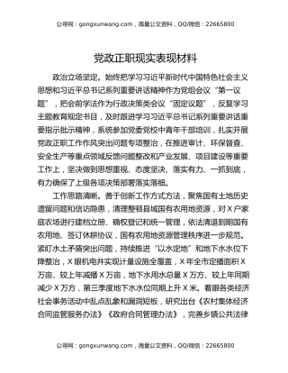党政正职现实表现材料
