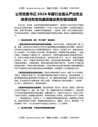 公司党委书记2024年履行全面从严治党主体责任和党风廉政建设责任情况报告