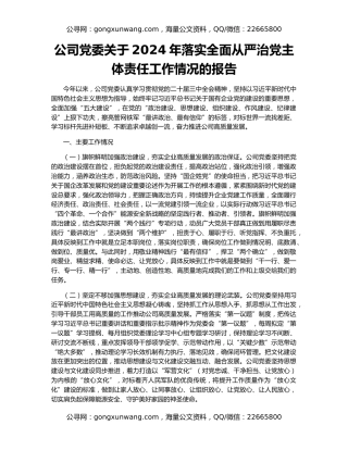 公司党委关于2024年落实全面从严治党主体责任工作情况的报告