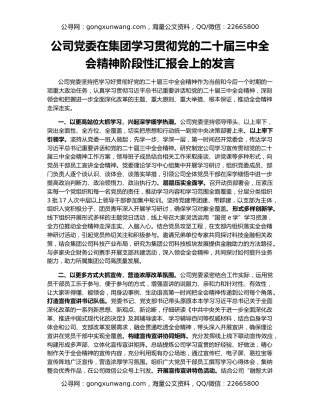 公司党委在集团学习贯彻党的二十届三中全会精神阶段性汇报会上的发言