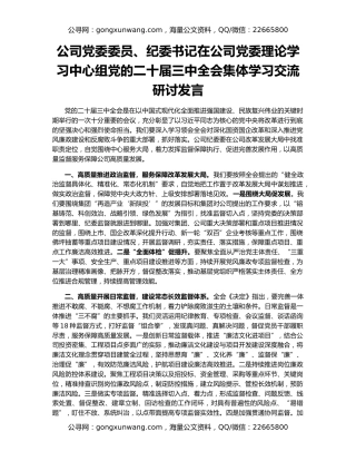 公司党委委员、纪委书记在公司党委理论学习中心组党的二十届三中全会集体学习交流研讨发言