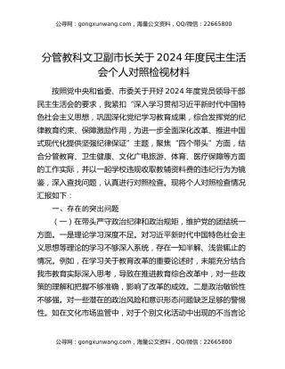 分管教科文卫副市长关于2024年度民主生活会个人对照检视材料