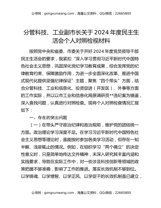 分管科技、工业副市长关于2024年度民主生活会个人对照检视材料