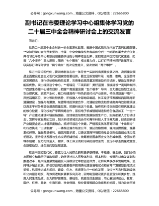 副书记在市委理论学习中心组集体学习党的二十届三中全会精神研讨会上的交流发言