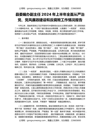县委编办副主任2024年上半年全面从严治党、党风廉政建设和反腐败工作情况报告
